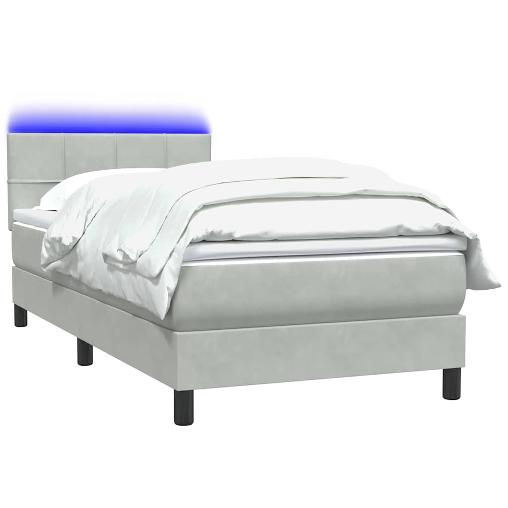 vidaXL Łóżko kontynentalne z materacem i LED, jasnoszare, aksamit, 90x220 cm