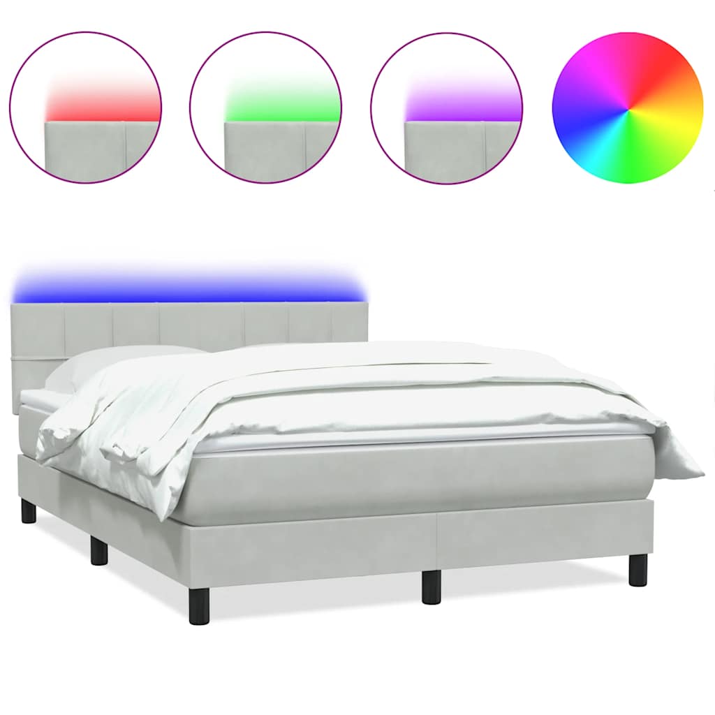 vidaXL Łóżko kontynentalne z materacem i LED, jasnoszare, 160x220cm, aksamit