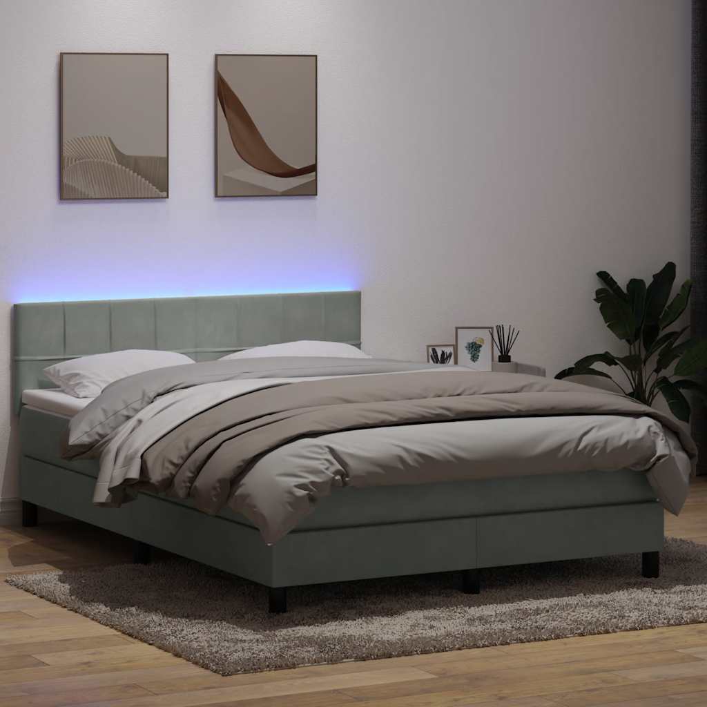 vidaXL Łóżko kontynentalne z materacem i LED, jasnoszare, 160x220cm, aksamit