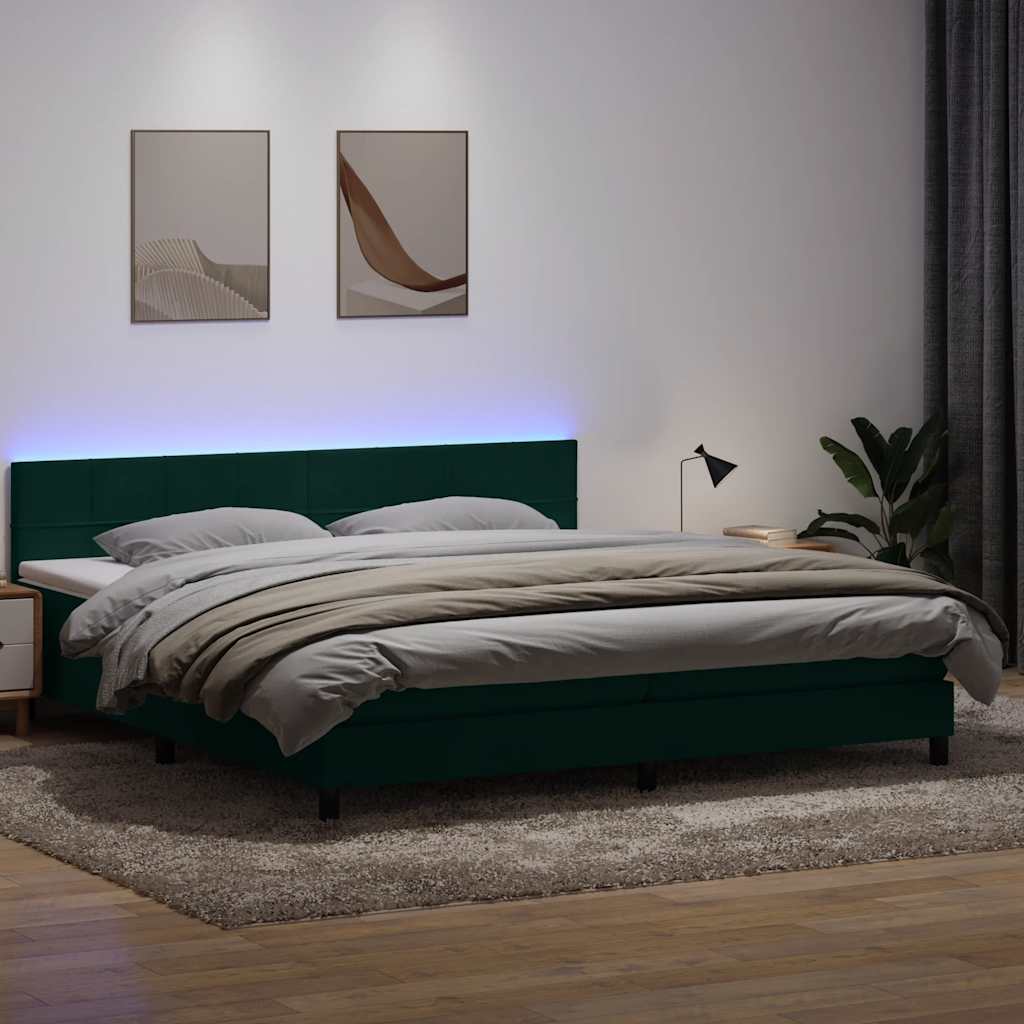 vidaXL Łóżko kontynentalne z materacem i LED Ciemnozielone 180x220 cm