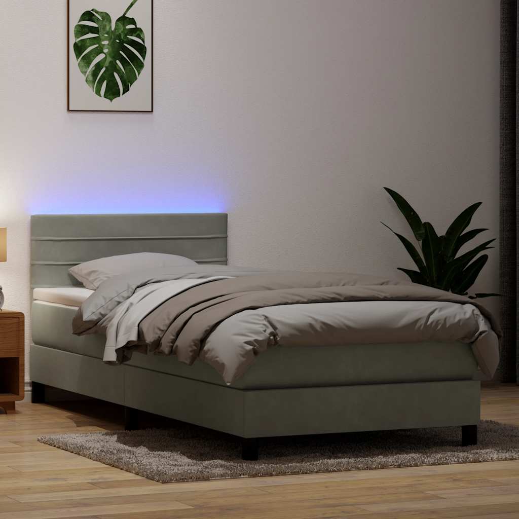vidaXL Łóżko kontynentalne z materacem i LED, jasnoszare, aksamit, 80x210 cm