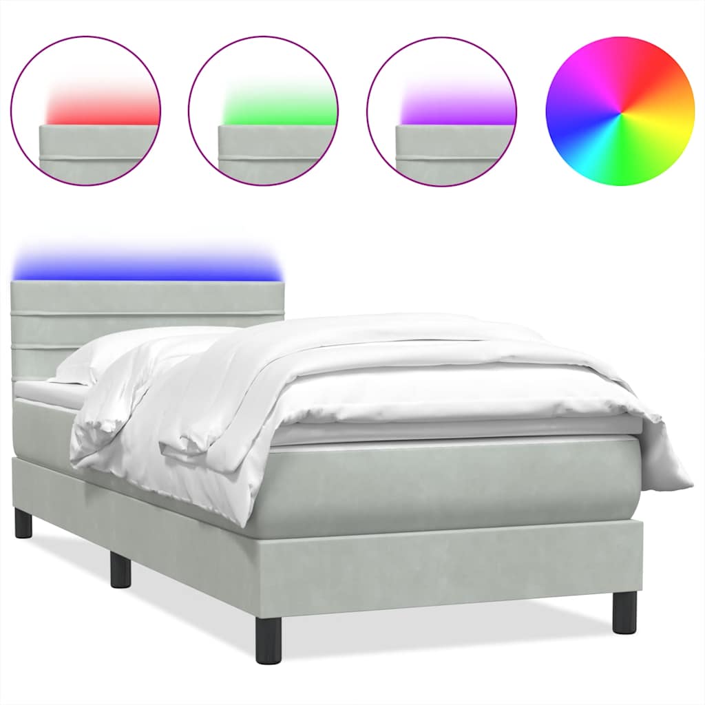 vidaXL Łóżko kontynentalne z materacem i LED, jasnoszary aksamit, 90x210 cm