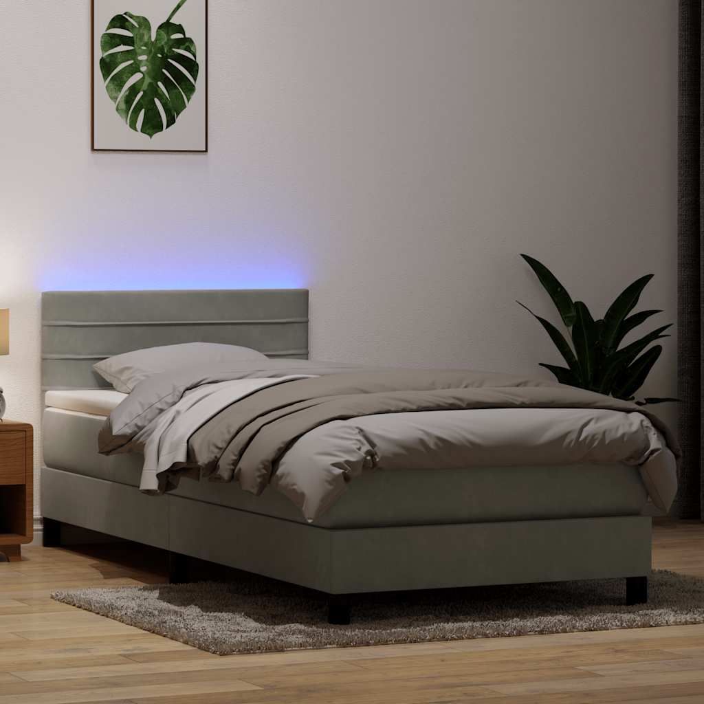 vidaXL Łóżko kontynentalne z materacem i LED, jasnoszary aksamit, 90x210 cm