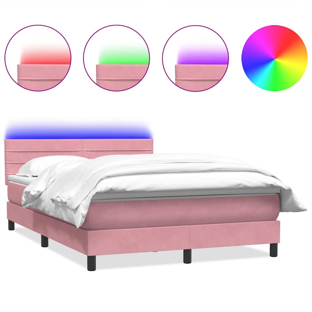 vidaXL Łóżko kontynentalne z materacem i LED, różowe, 140x210 cm, aksamit
