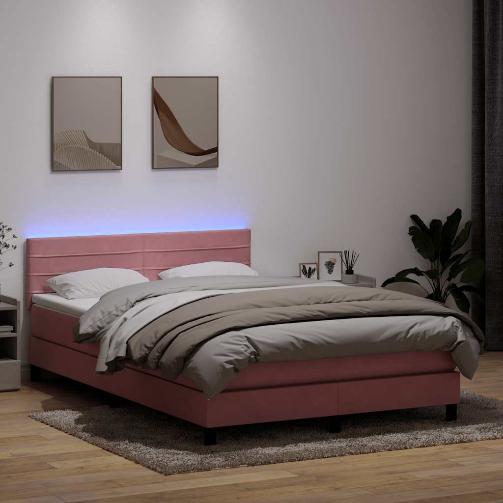 vidaXL Łóżko kontynentalne z materacem i LED, różowe, 140x210 cm, aksamit