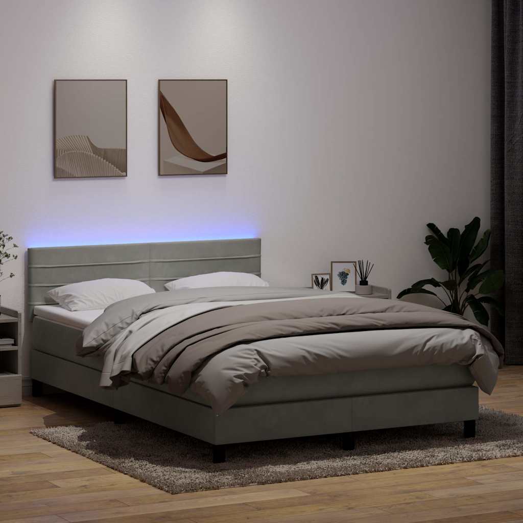vidaXL Łóżko kontynentalne z materacem i LED, jasnoszare, 160x210cm, aksamit