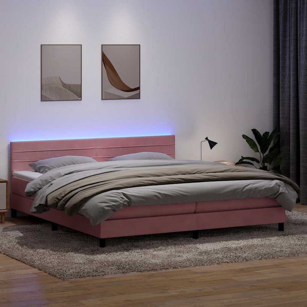 vidaXL Łóżko kontynentalne z materacem i LED, różowe, 180x210 cm, aksamit