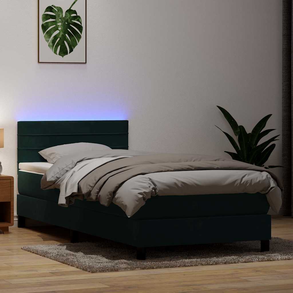 vidaXL Łóżko kontynentalne z materacem i LED ciemnozielony aksamit 80x220 cm