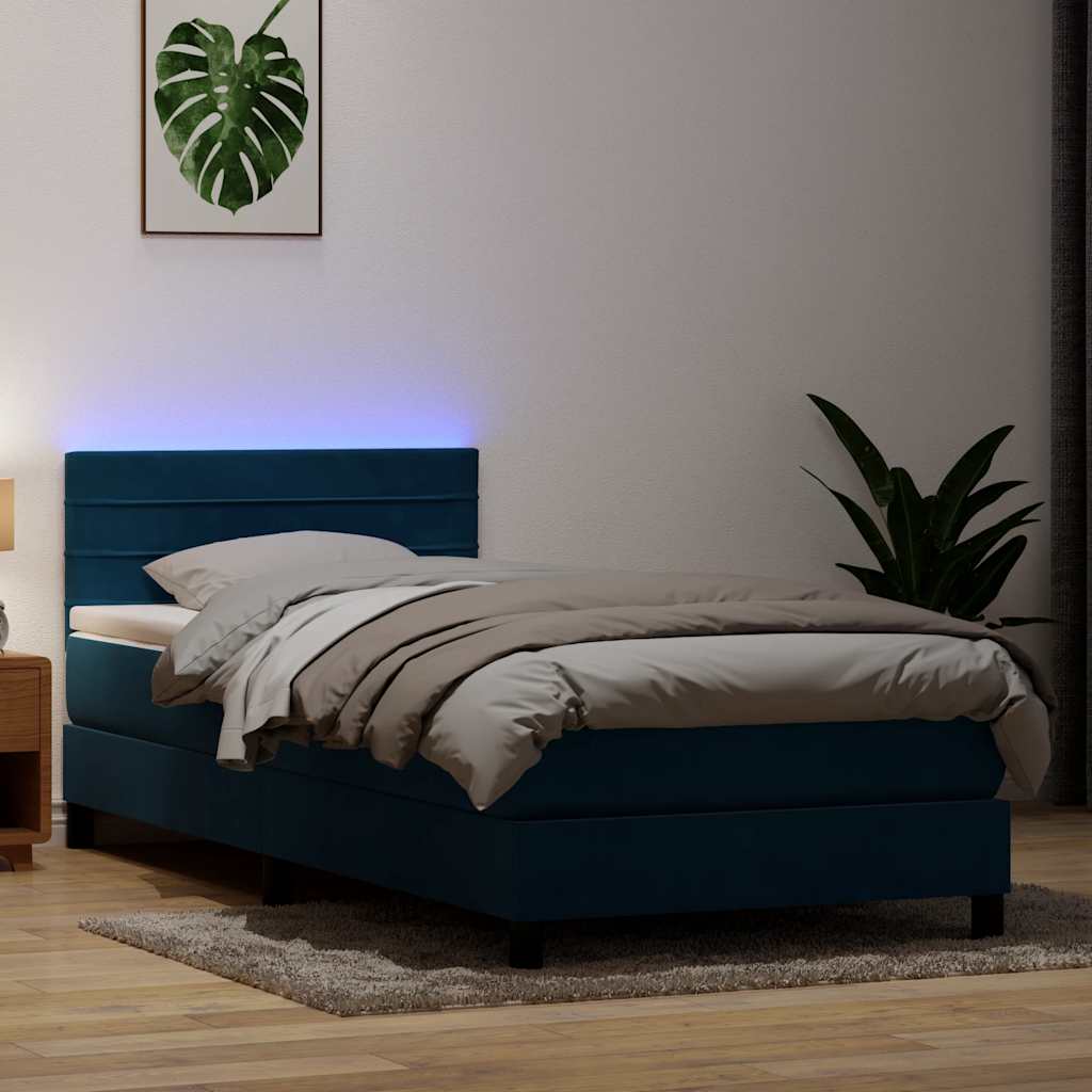 vidaXL Łóżko kontynentalne z materacem i LED, niebieskie, aksamit, 80x220 cm