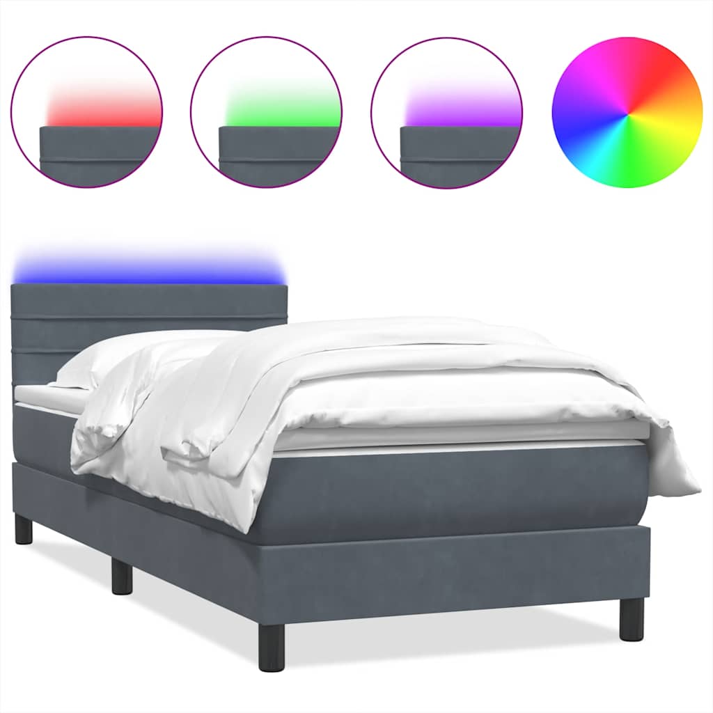 vidaXL Łóżko kontynentalne z materacem i LED, ciemnoszary aksamit, 90x220 cm