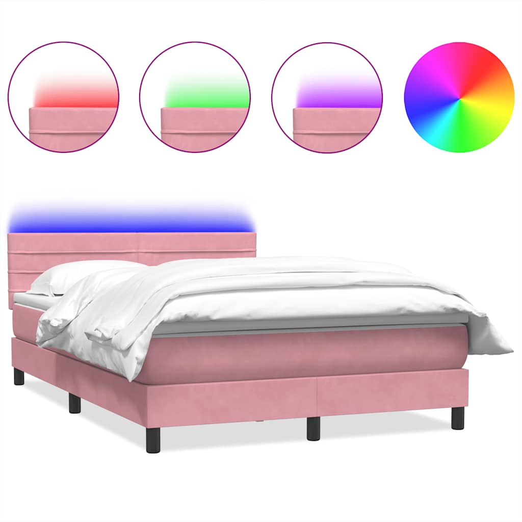 vidaXL Łóżko kontynentalne z materacem i LED, różowe, 140x220 cm, aksamit