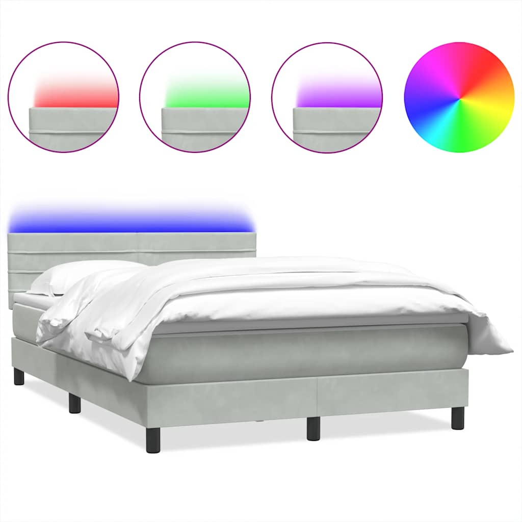 vidaXL Łóżko kontynentalne z materacem i LED, jasnoszare, 160x220cm, aksamit