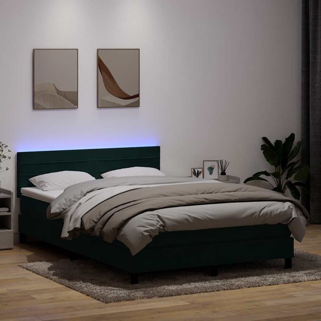 vidaXL Łóżko kontynentalne z materacem i LED, ciemnozielone, 160x220 cm