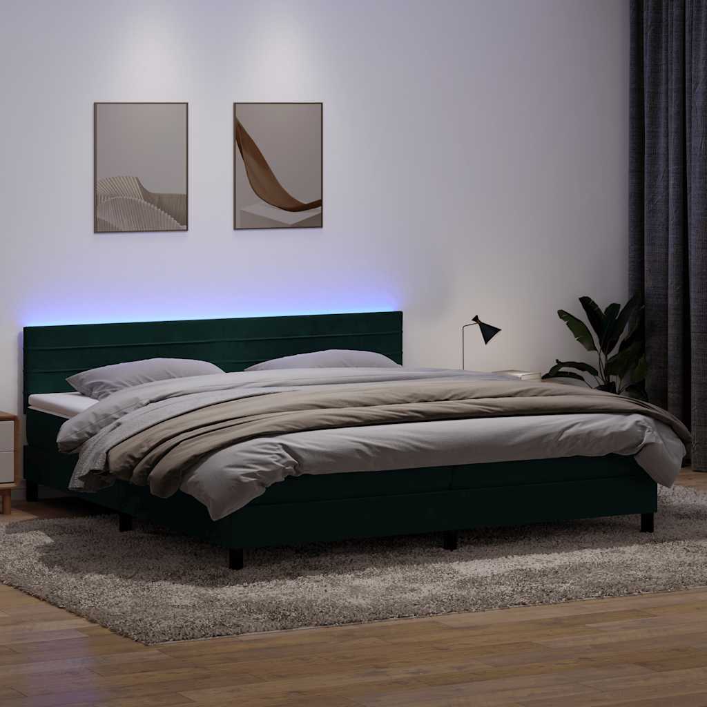 vidaXL Łóżko kontynentalne z materacem i LED Ciemnozielone 180x220 cm