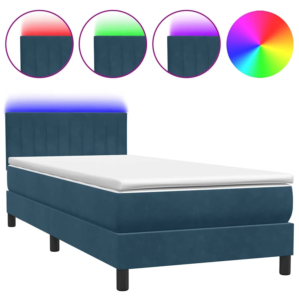 vidaXL Łóżko kontynentalne z materacem i LED, niebieskie, aksamit, 80x210 cm