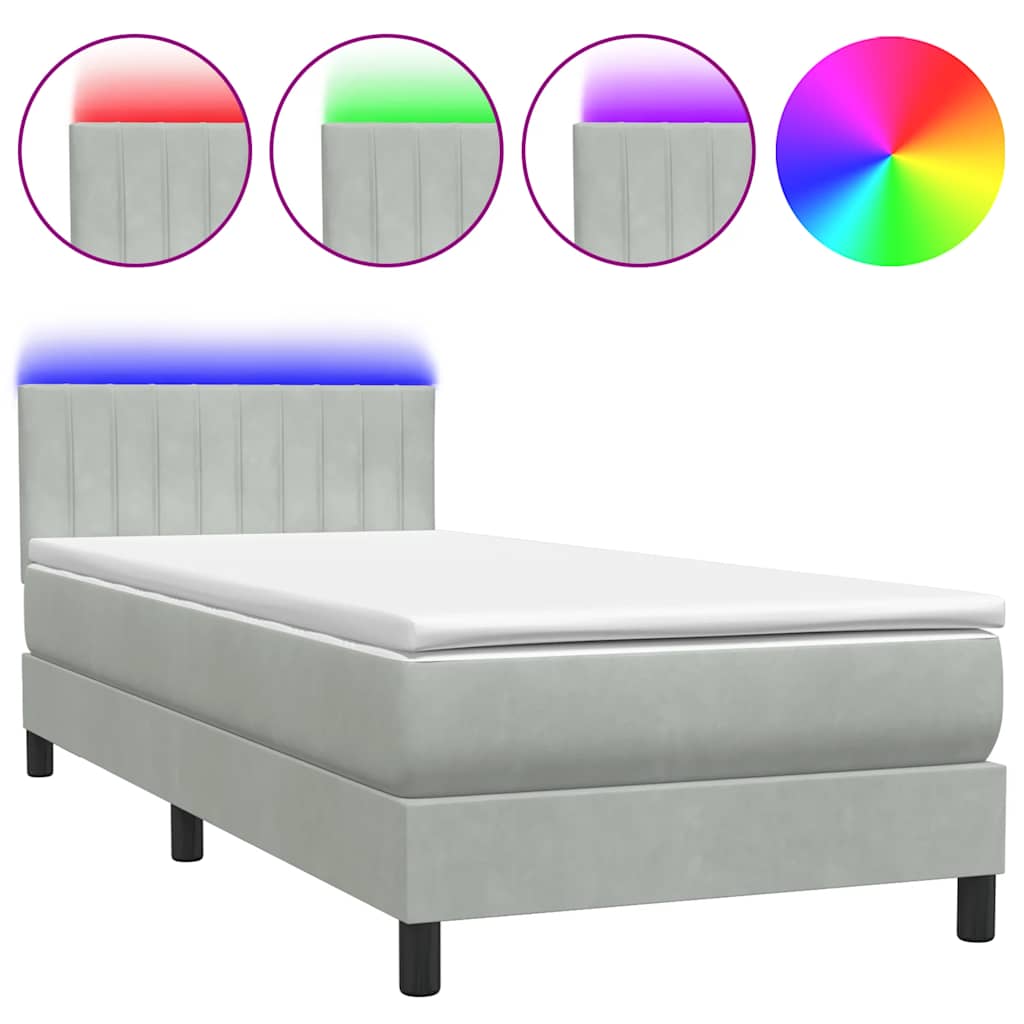 vidaXL Łóżko kontynentalne z materacem i LED, jasnoszary aksamit, 90x210 cm