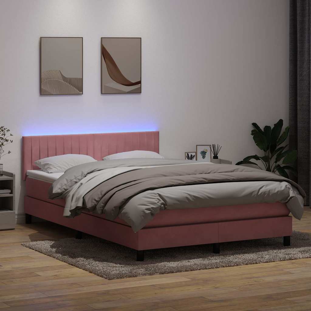 vidaXL Łóżko kontynentalne z materacem i LED, różowe, 140x210 cm, aksamit