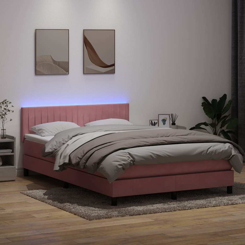 vidaXL Łóżko kontynentalne z materacem i LED, różowe, 160x210 cm, aksamit