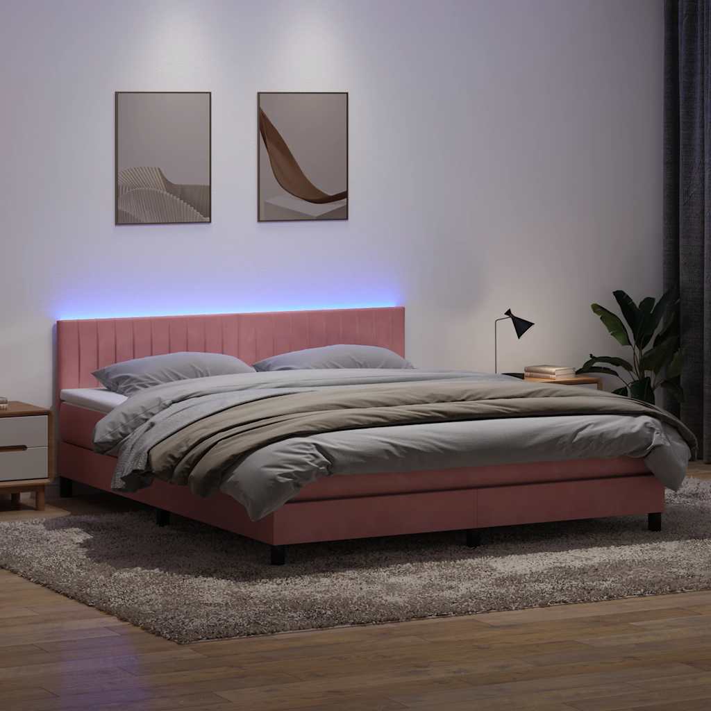 vidaXL Łóżko kontynentalne z materacem i LED, różowe, 180x210 cm, aksamit