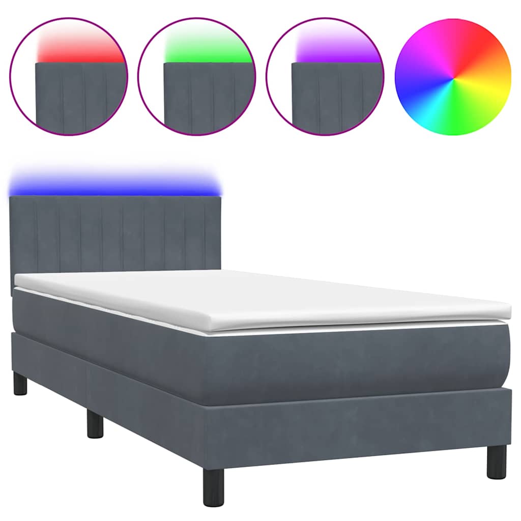 vidaXL Łóżko kontynentalne z materacem i LED, ciemnoszary aksamit, 90x220 cm