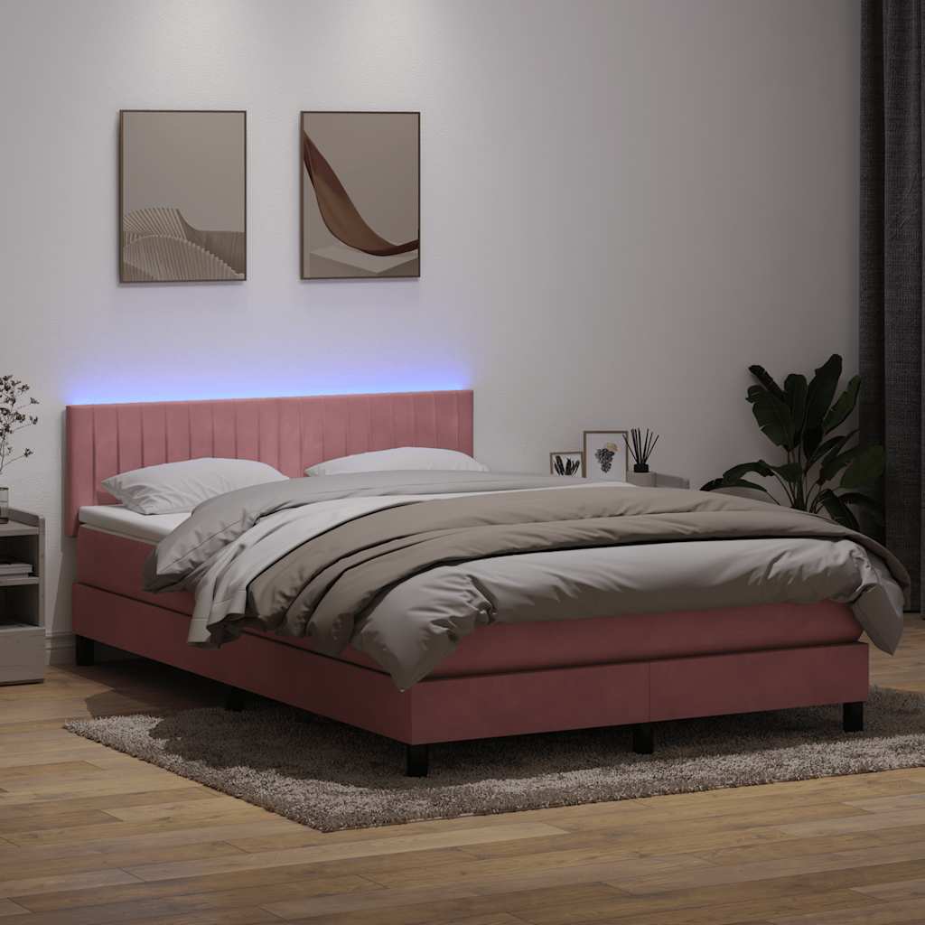 vidaXL Łóżko kontynentalne z materacem i LED, różowe, 140x220 cm, aksamit
