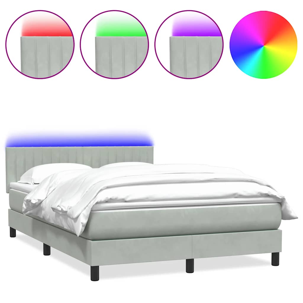 vidaXL Łóżko kontynentalne z materacem i LED, jasnoszare, 160x220cm, aksamit