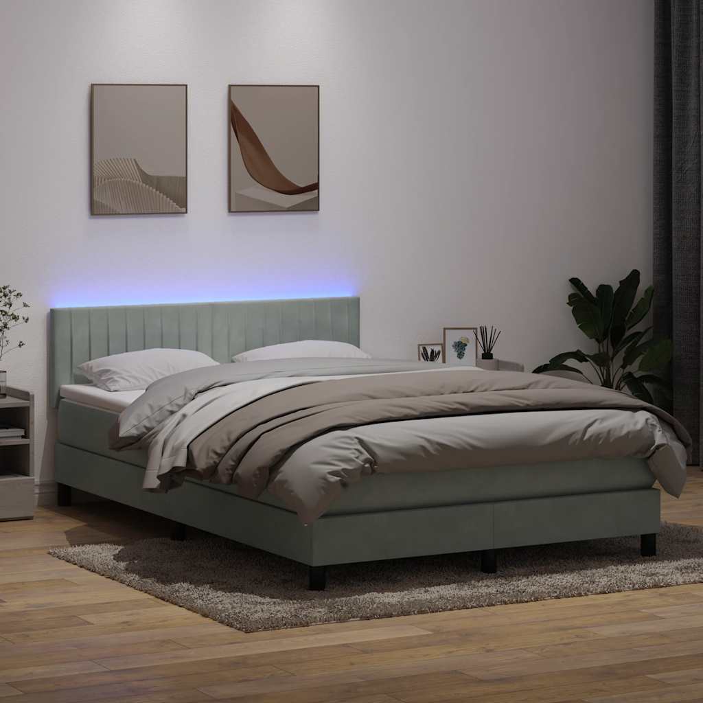 vidaXL Łóżko kontynentalne z materacem i LED, jasnoszare, 160x220cm, aksamit