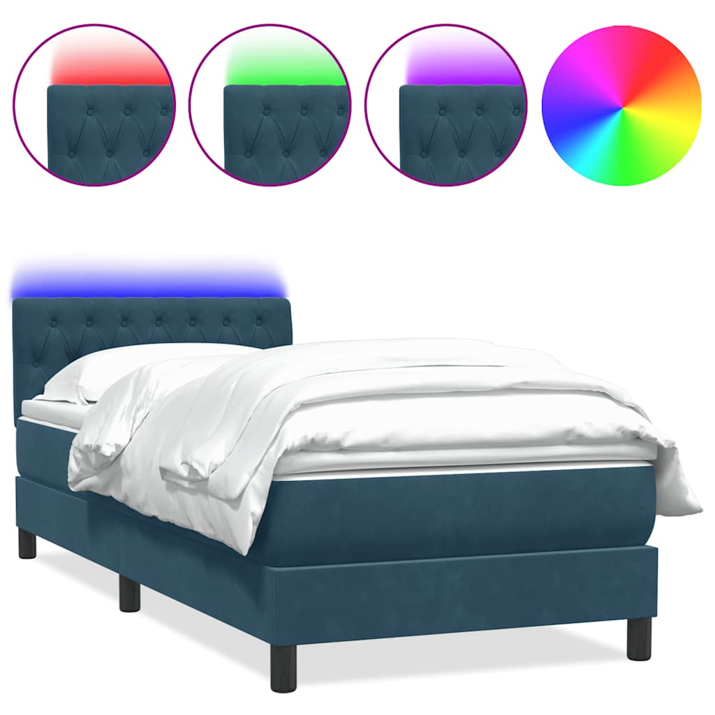 vidaXL Łóżko kontynentalne z materacem i LED, niebieskie, aksamit, 80x210 cm