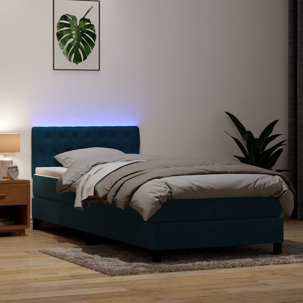 vidaXL Łóżko kontynentalne z materacem i LED, niebieskie, aksamit, 80x210 cm