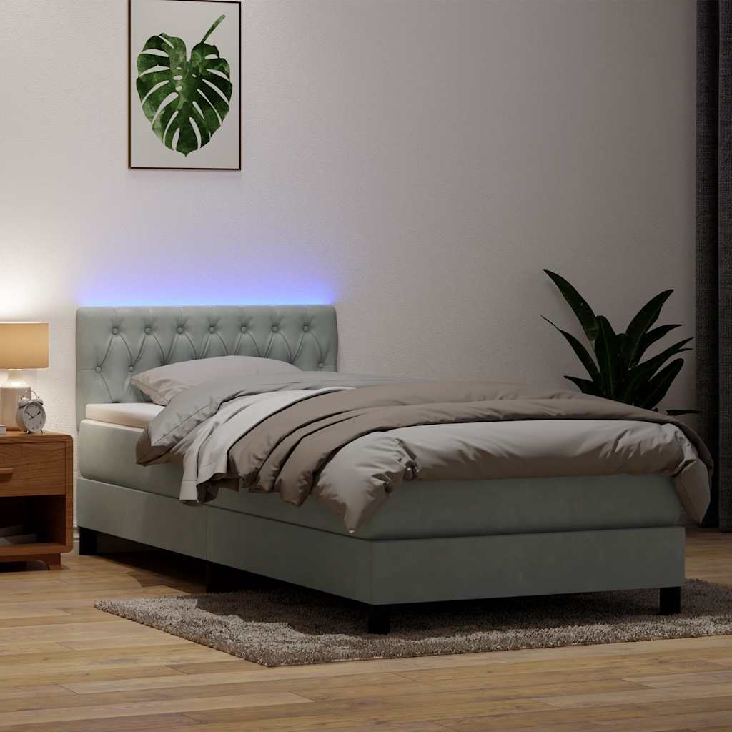 vidaXL Łóżko kontynentalne z materacem i LED, jasnoszary aksamit, 90x210 cm