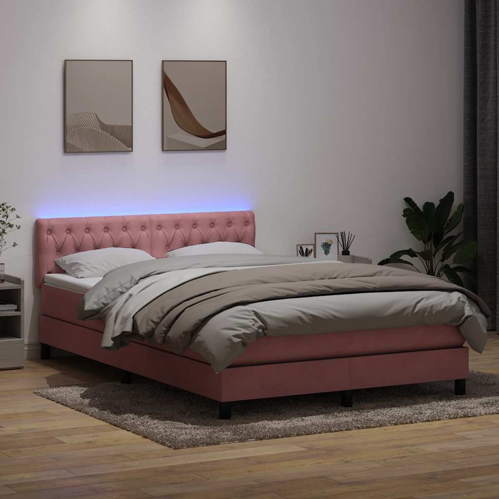 vidaXL Łóżko kontynentalne z materacem i LED, różowe, 140x210 cm, aksamit