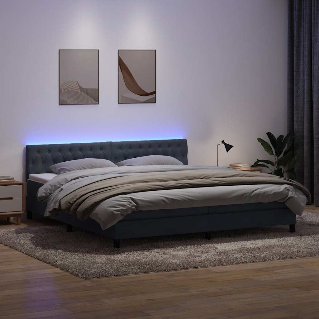 vidaXL Łóżko kontynentalne z materacem i LED, ciemnoszare, 180x210cm aksamit
