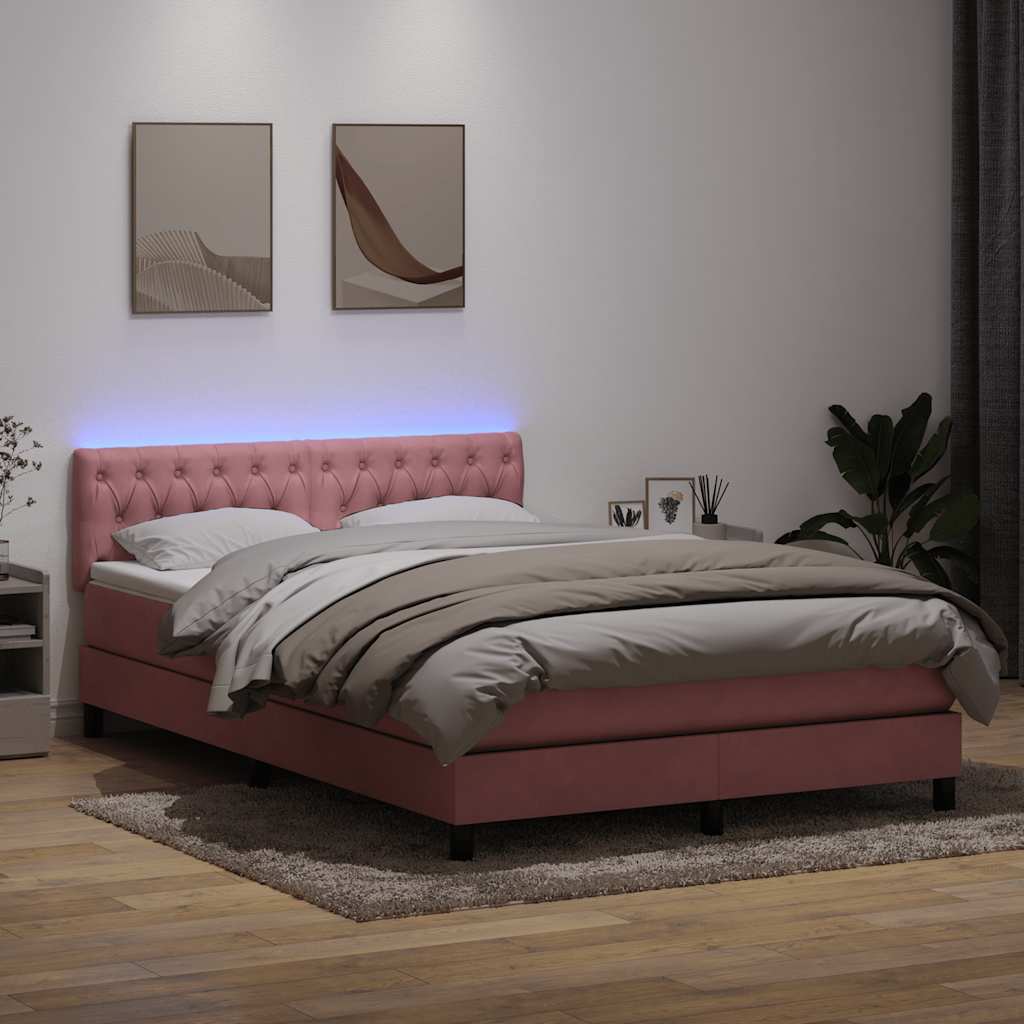 vidaXL Łóżko kontynentalne z materacem i LED, różowe, 140x220 cm, aksamit