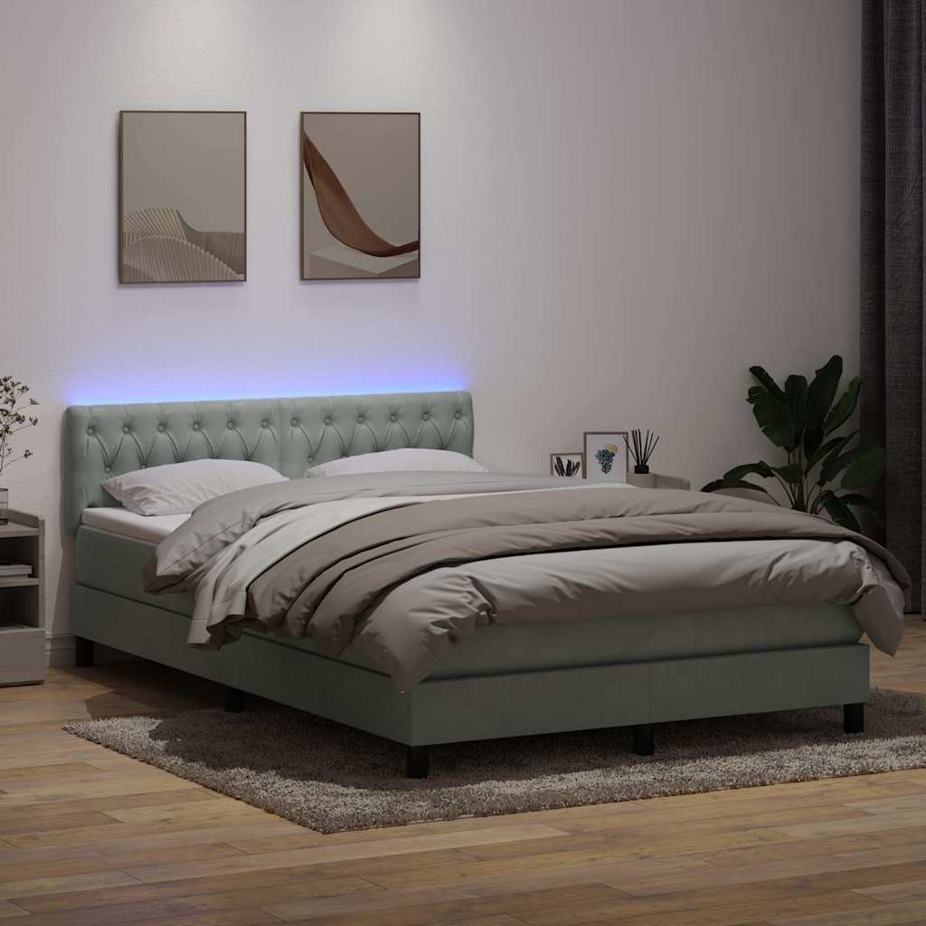 vidaXL Łóżko kontynentalne z materacem i LED, jasnoszare, 160x220cm, aksamit