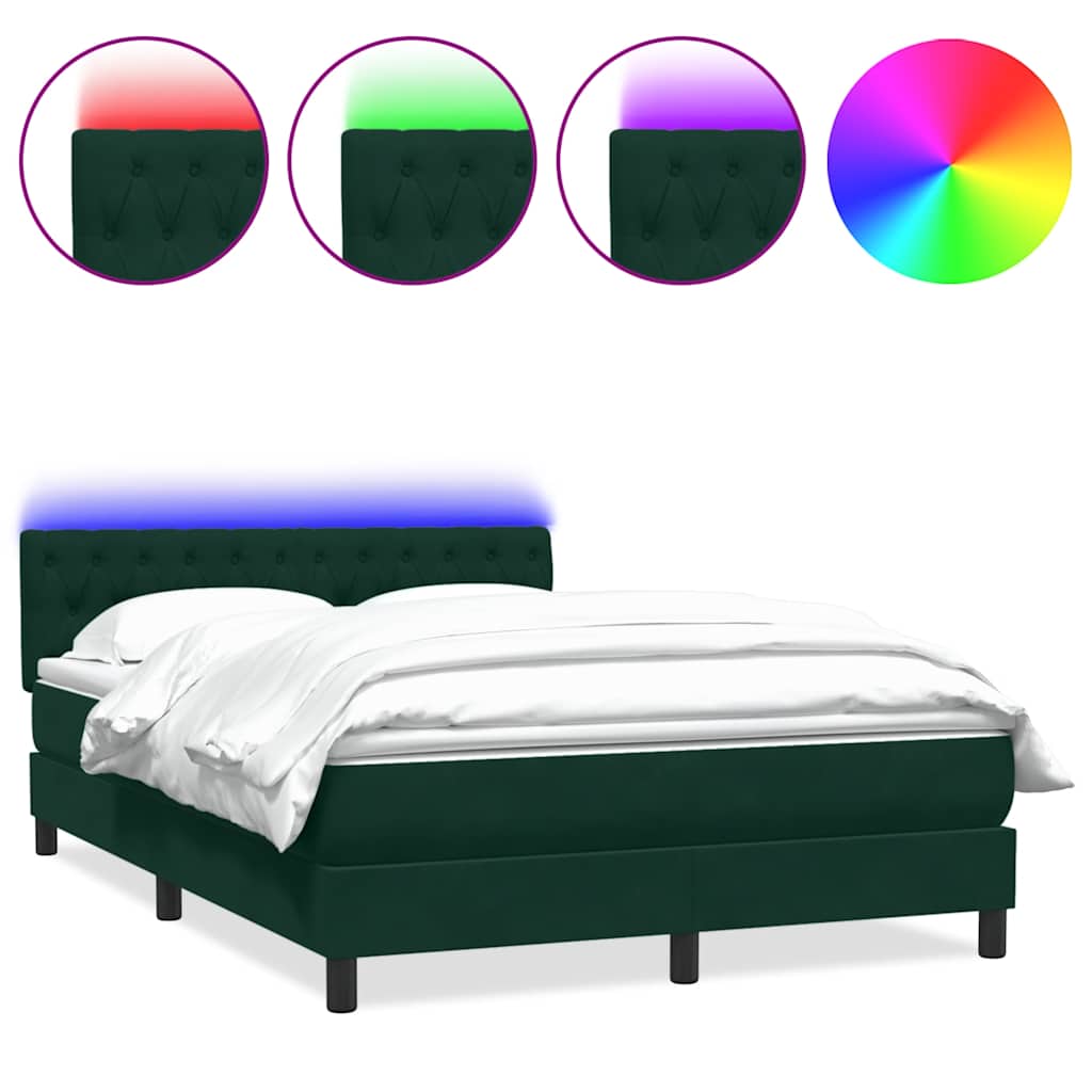 vidaXL Łóżko kontynentalne z materacem i LED, ciemnozielone, 160x220 cm
