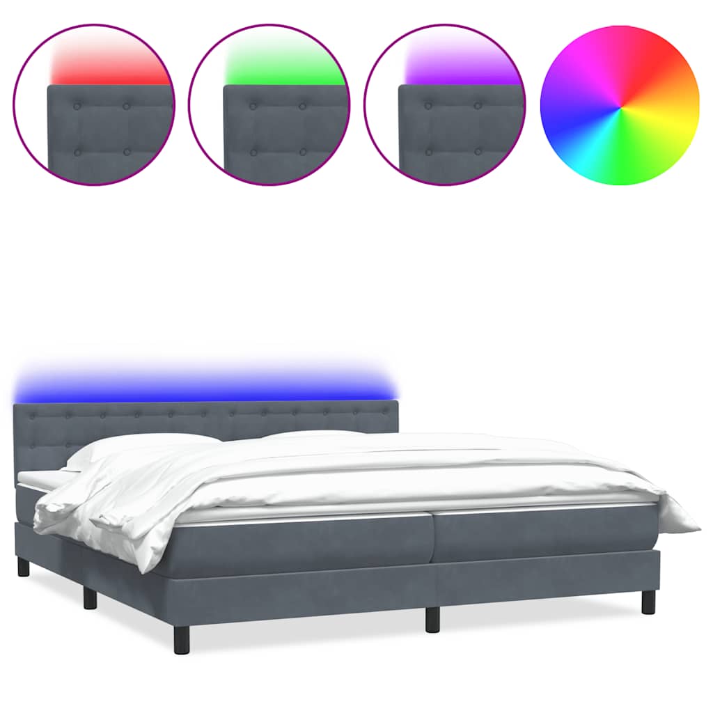 vidaXL Łóżko kontynentalne z materacem i LED, ciemnoszare, 180x210cm aksamit