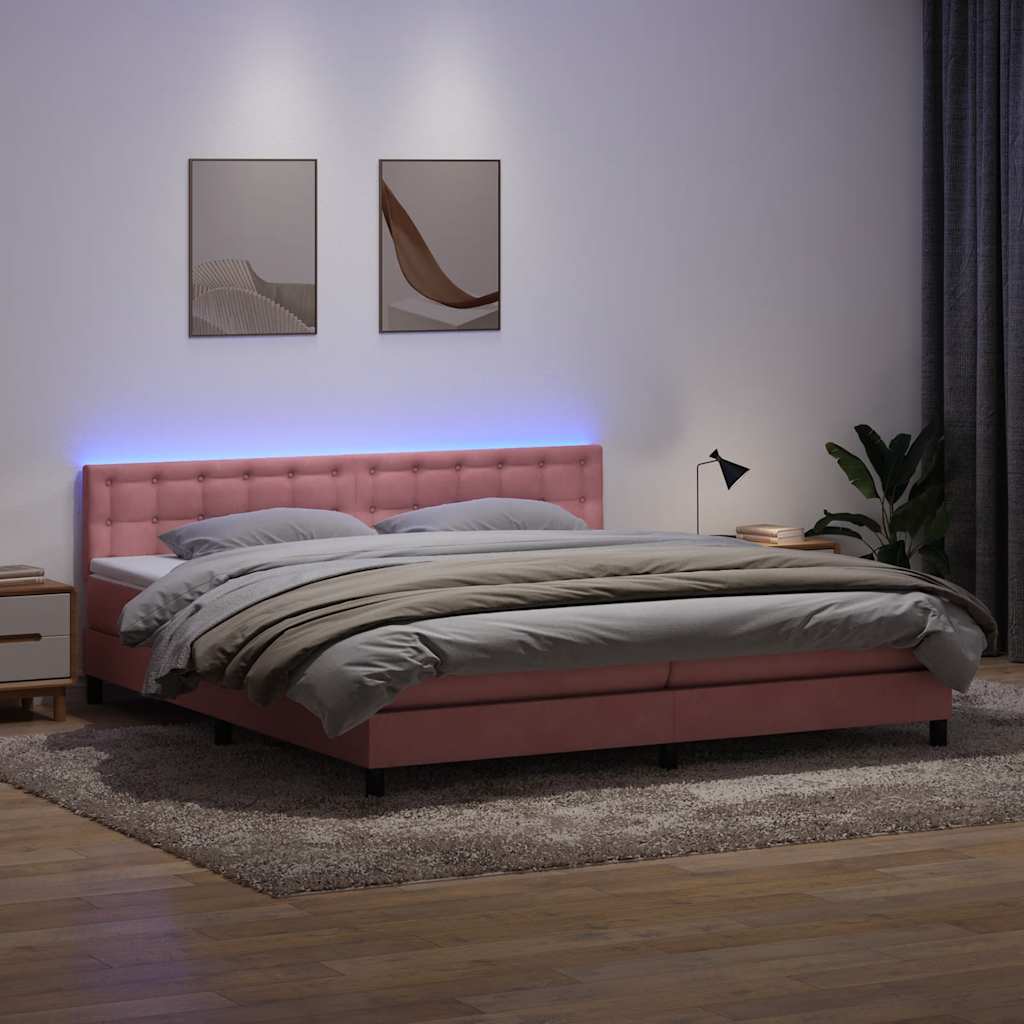 vidaXL Łóżko kontynentalne z materacem i LED, różowe, 180x210 cm, aksamit