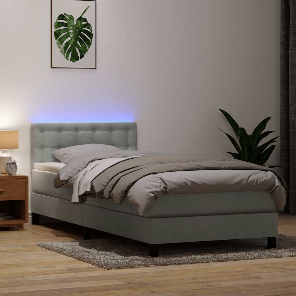 vidaXL Łóżko kontynentalne z materacem i LED, jasnoszare, aksamit, 80x220 cm