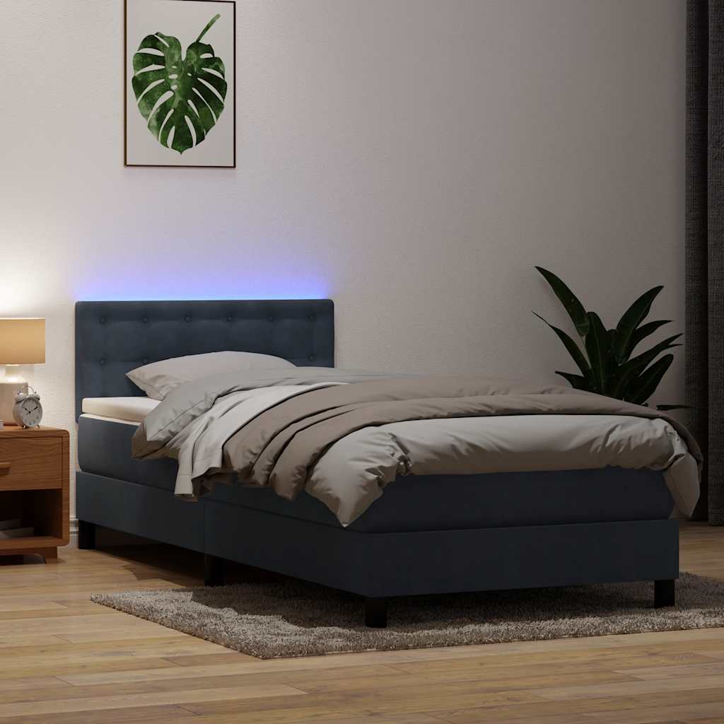 vidaXL Łóżko kontynentalne z materacem i LED, ciemnoszary aksamit, 90x220 cm