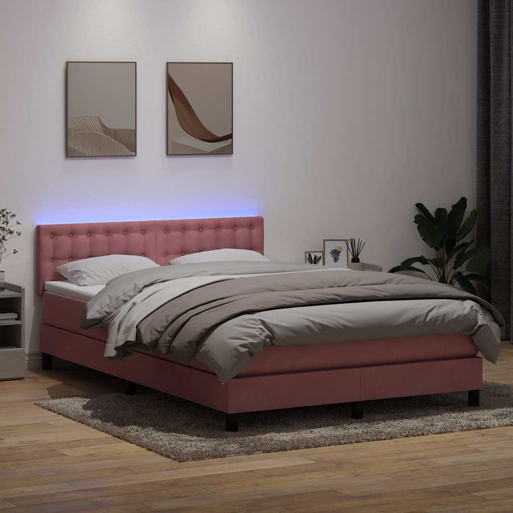 vidaXL Łóżko kontynentalne z materacem i LED, różowe, 140x220 cm, aksamit