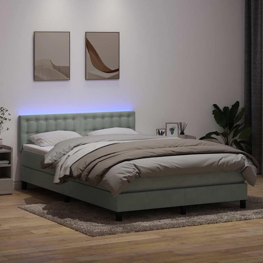 vidaXL Łóżko kontynentalne z materacem i LED, jasnoszare, 160x220cm, aksamit