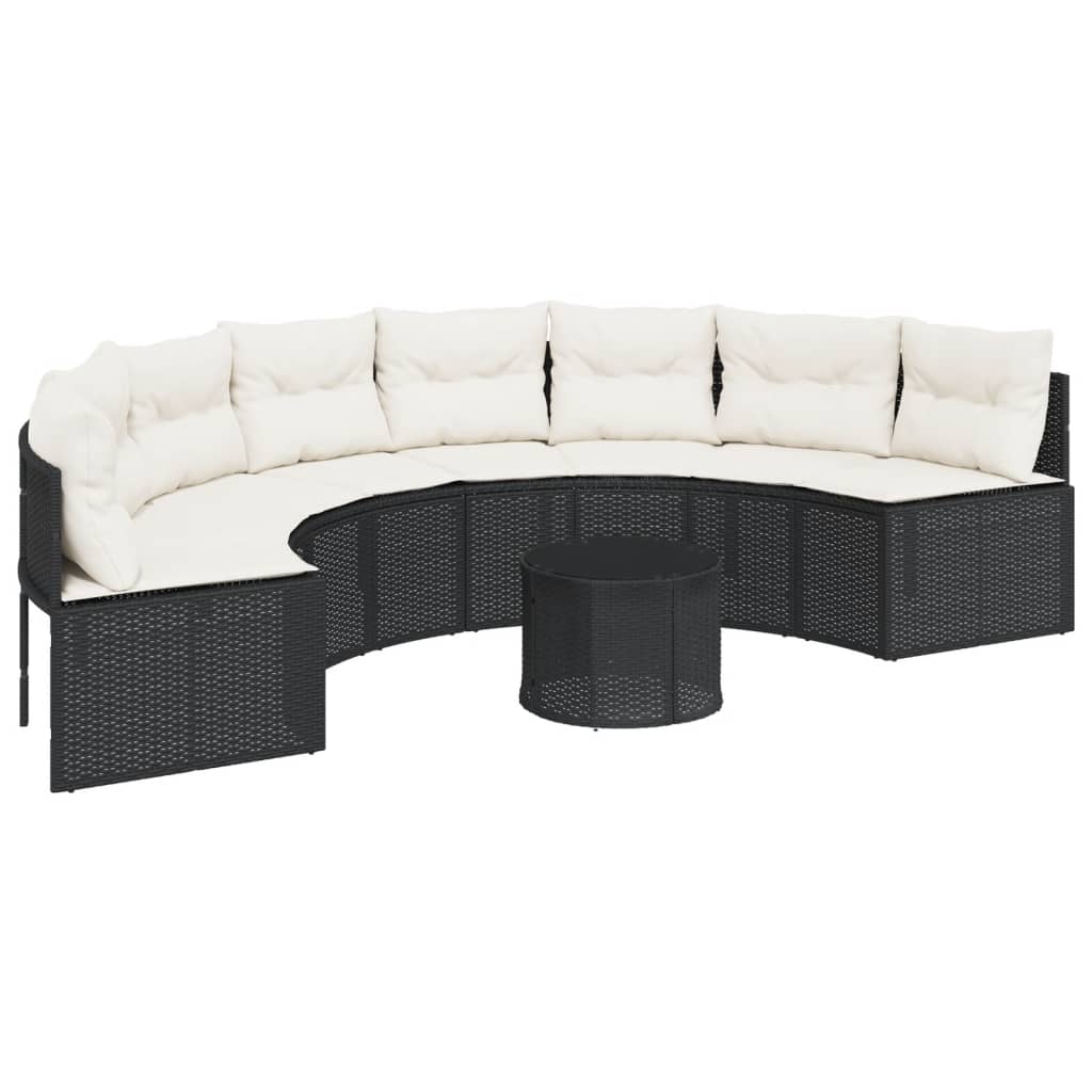 vidaXL Sofa ogrodowa, stolik i poduszki, półokrągła, czarny rattan PE
