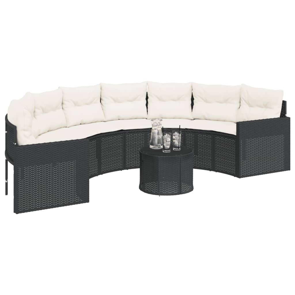 vidaXL Sofa ogrodowa, stolik i poduszki, półokrągła, czarny rattan PE