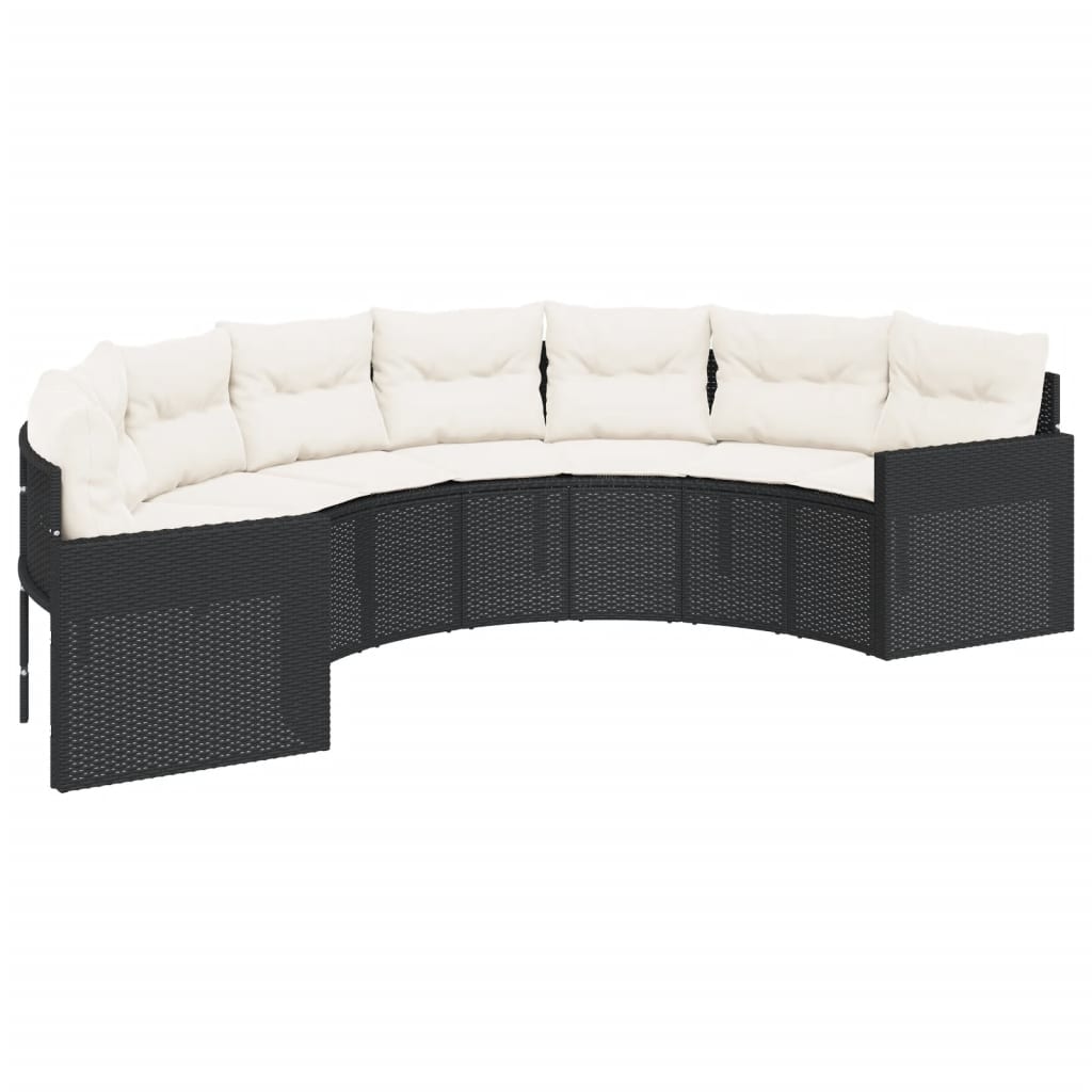vidaXL Sofa ogrodowa, stolik i poduszki, półokrągła, czarny rattan PE