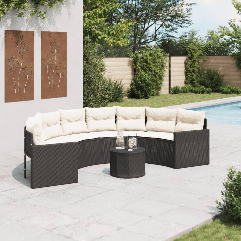 vidaXL Sofa ogrodowa, stolik i poduszki, półokrągła, czarny rattan PE