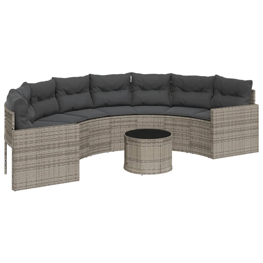 vidaXL Sofa ogrodowa, stolik i poduszki, półokrągła, szary rattan PE