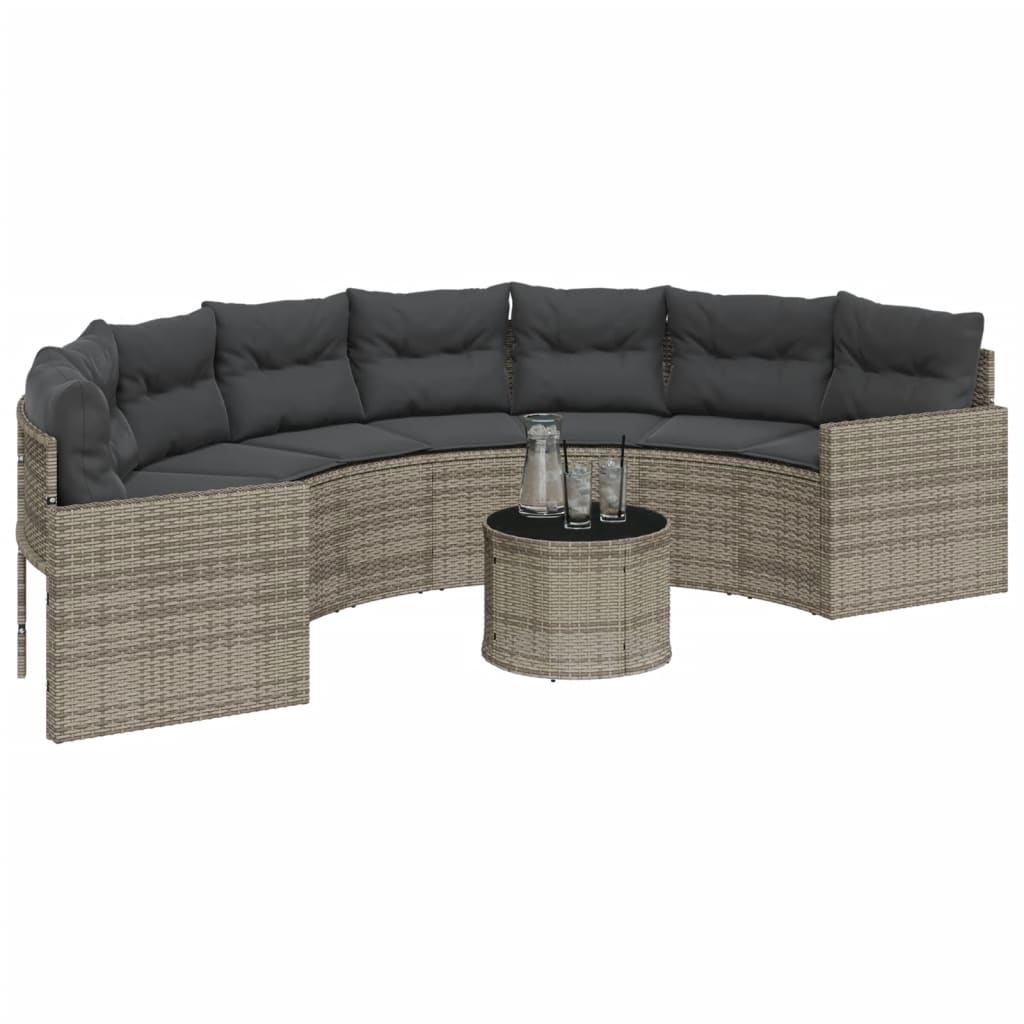 vidaXL Sofa ogrodowa, stolik i poduszki, półokrągła, szary rattan PE