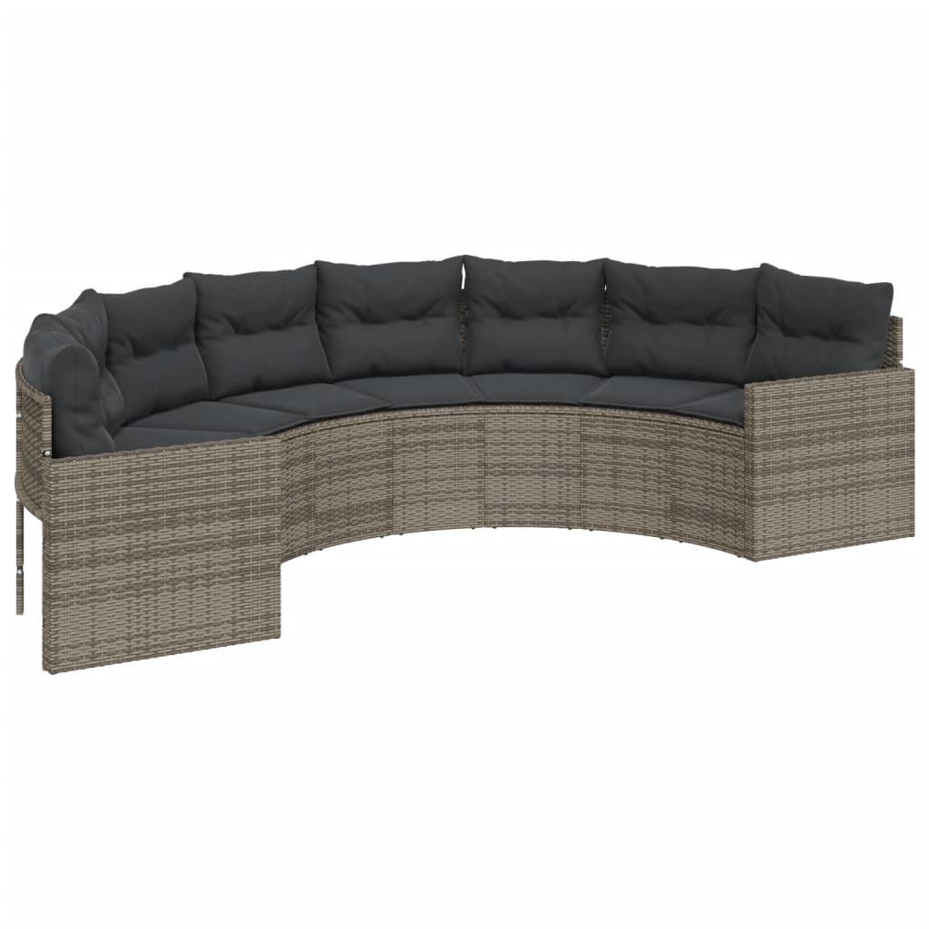 vidaXL Sofa ogrodowa, stolik i poduszki, półokrągła, szary rattan PE