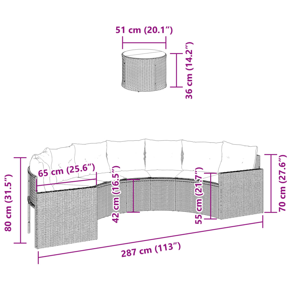 vidaXL Sofa ogrodowa, stolik i poduszki, półokrągła, szary rattan PE