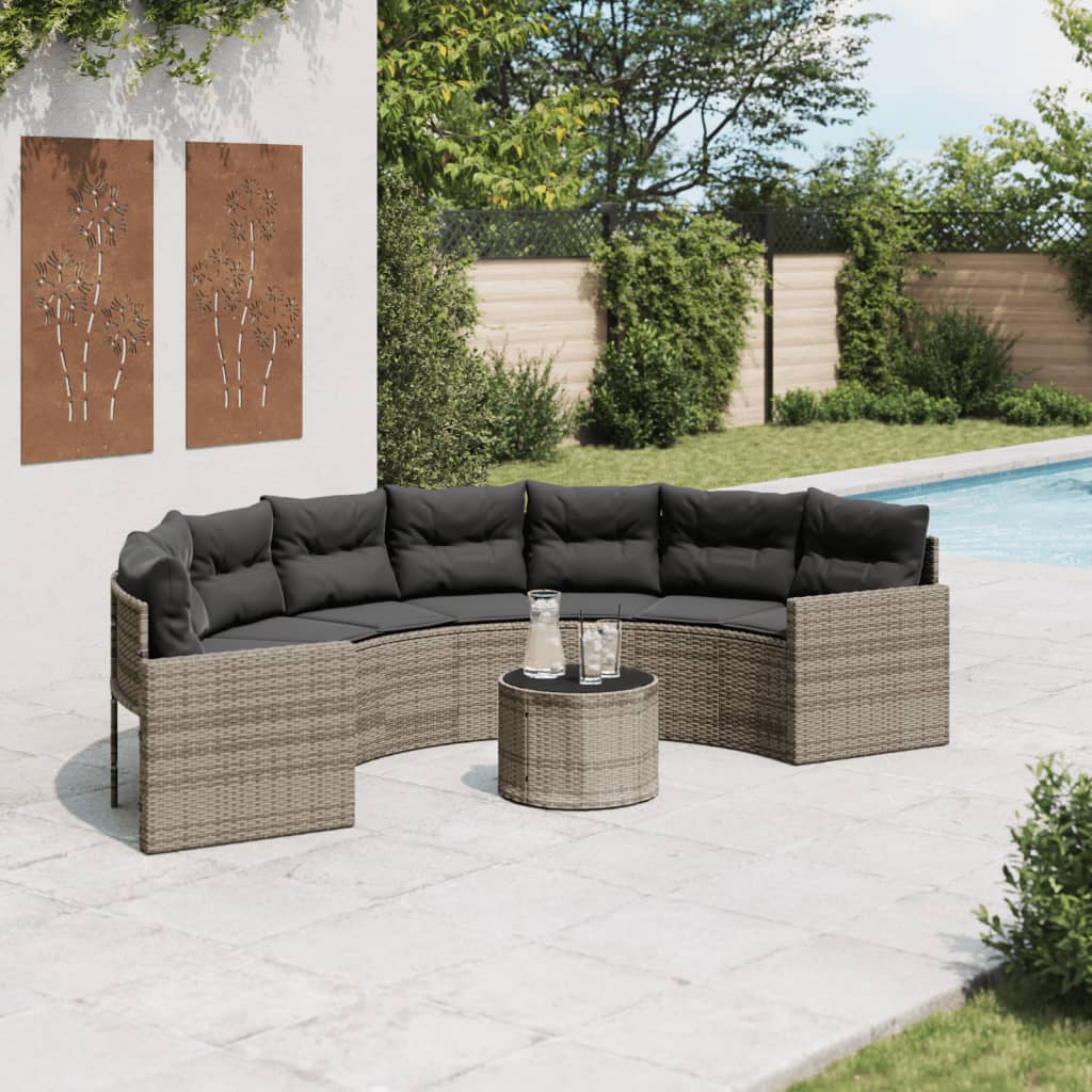 vidaXL Sofa ogrodowa, stolik i poduszki, półokrągła, szary rattan PE